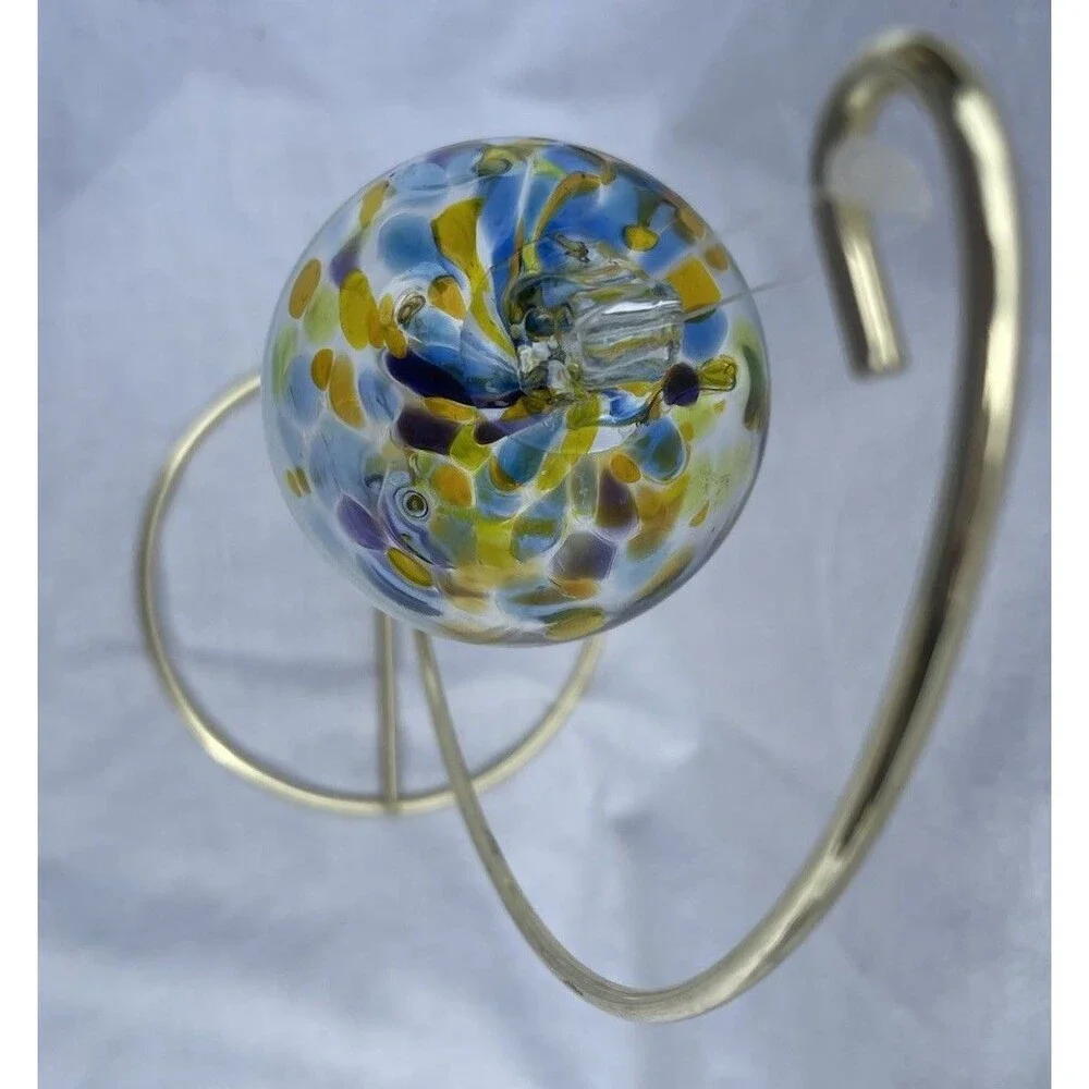 3” Hand Blown Art Glass Gazing Ball Christmas Ornament Hanging Blue Gold Orb EUC